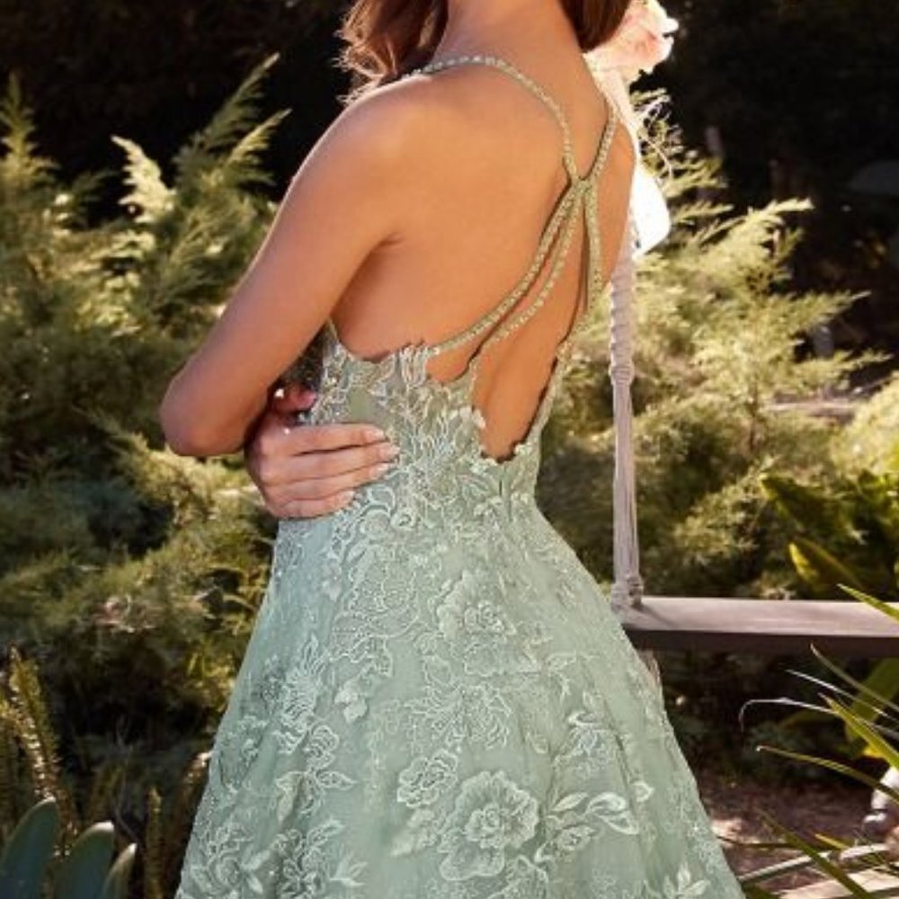 NEW FORMAL SLEEVELESS A-LINE TULLE DRESS EMBROIDERED WITH FLORAL LACE CD A1248 - Picture 8 of 9